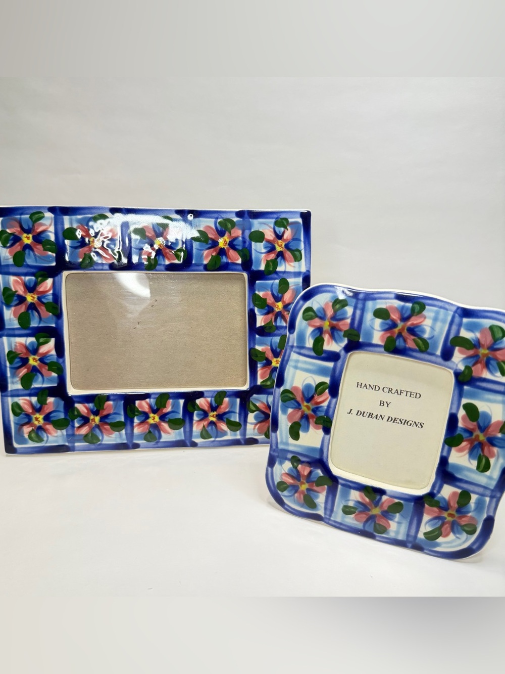 J. Duban Designs Ceramic Picture Frames 2 Grandma Core Blue White 1992 Vintage